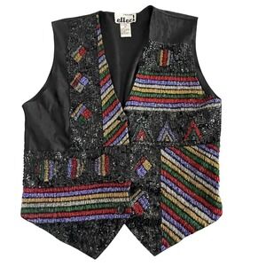 Effeci‎ Black Beaded Sequin Vest Small Artsy Tribal Geo Party Top Boho Festival